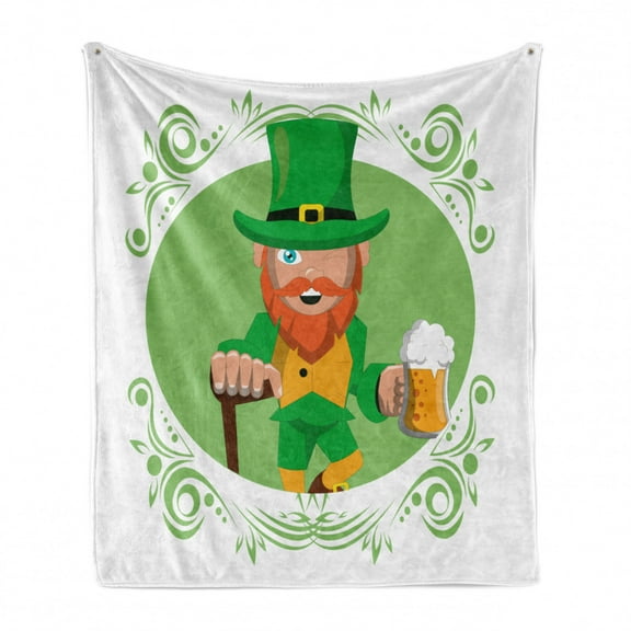 Leprechaun Soft Flannel Fleece Throw Blanket, Irish Elf with Iconic Hat and Beer St Patrick's Day Themed Cartoon, Cozy Plush for Indoor and Outdoor Use, 60" x 80", Lime Green Multicolor, by Ambesonne
