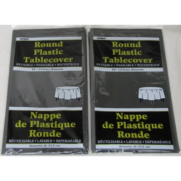 Lot Of 2 - Unique Black Round Plastic 84" Tablecloth Tablecover Reusable Party