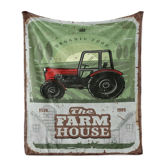 Vintage Trucks Soft Flannel Fleece Throw Blanket, Grunge Design The Farm House Lettering with a Tractor, Cozy Plush for Indoor and Outdoor Use, 50" x 70", Multicolor, by Ambesonne