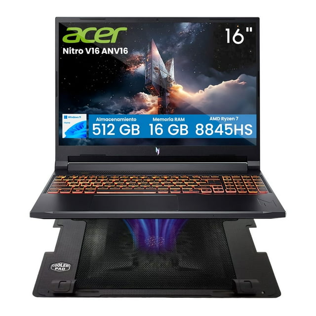 Combo Laptop Gamer Acer Nitro V16 Ryzen 7 16GB RAM 512GB SSD 16" FHD RTX 5050 Negro + Base Enfriadora