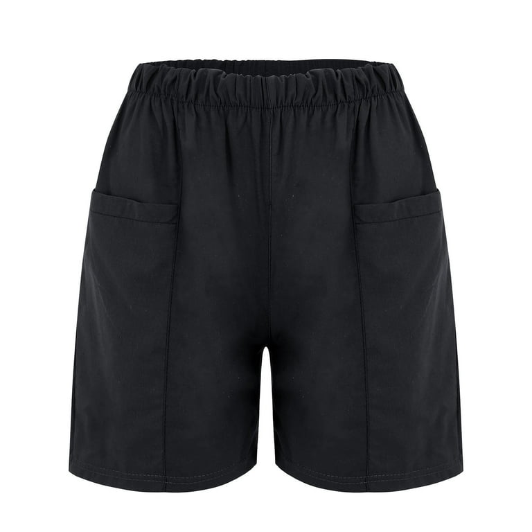 MRULIC shorts for women Women's Casual Bermuda Shorts Elastic Waist Cotton  Linen Shorts With Pockets Knee Length Black + 3XL 