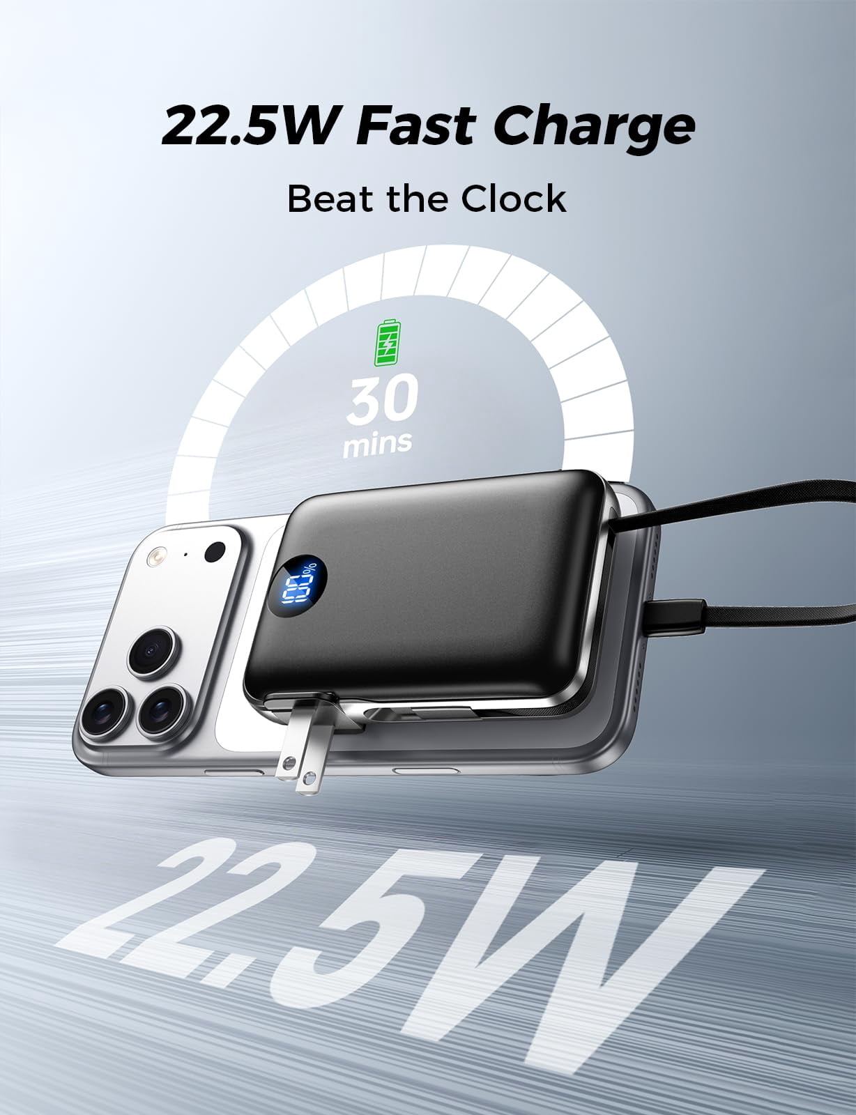 Portable Charger with Wall Plug,Power Bank 10000mAh 22.5W Fast Charging, 4 Outputs Slim Battery Pack with LED Display, Built in Cables All in One Travel Charger for iPhone 17/16/15/14 ,Classic Black