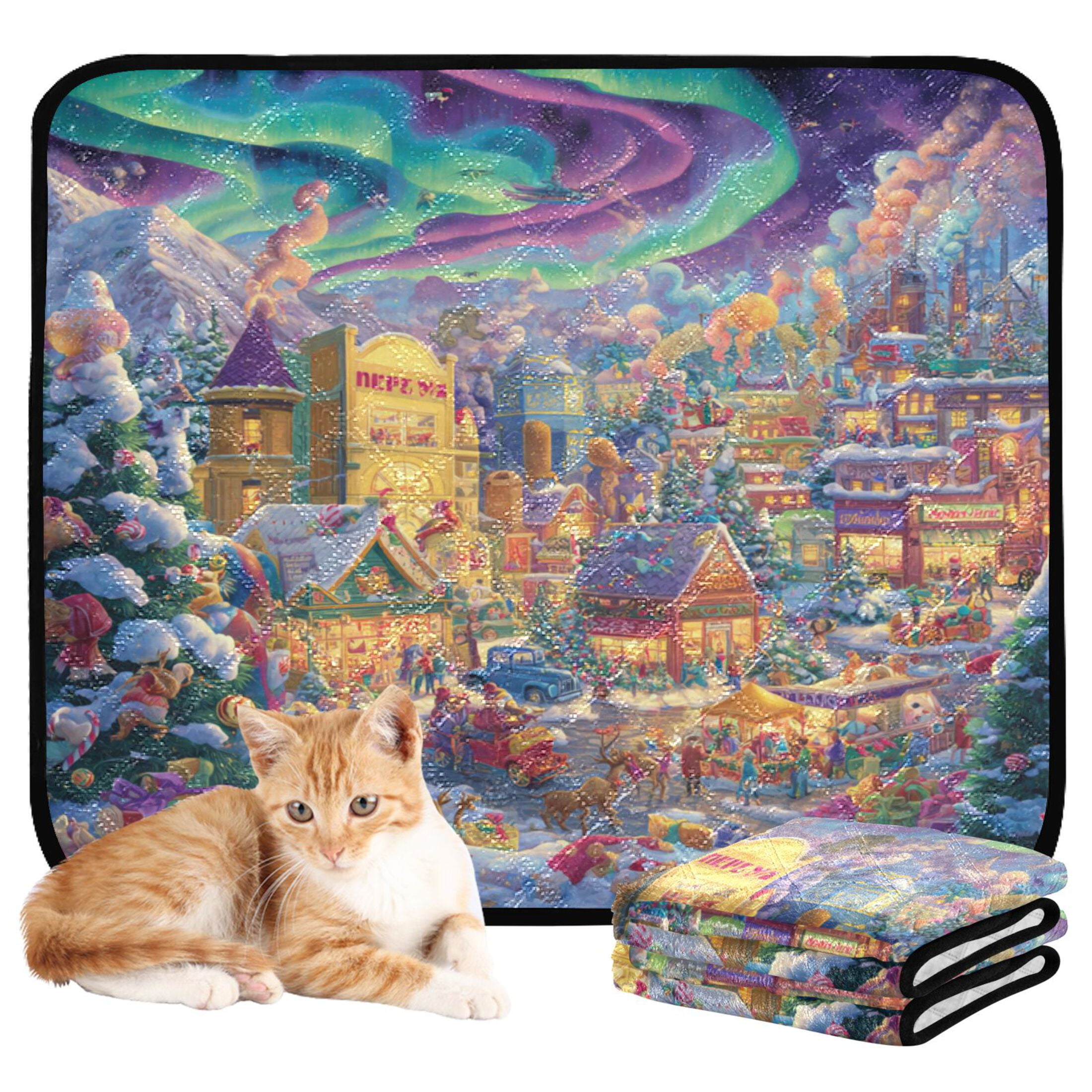 Qxltty Beautiful Christmas Scene Cat litter Pads Pet Set of 2 Diaper Mats Center Anti-leakage Layer Absorbent Soft and Comfortable