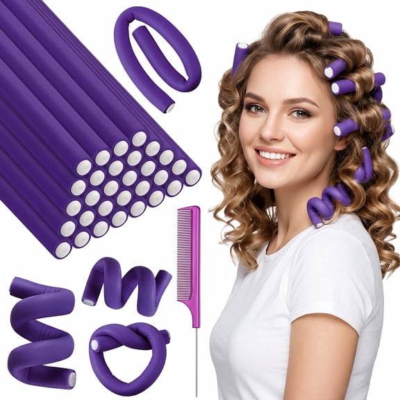 ROSEXIXI 31Pcs Purple No Heat Foam Hair Curlers Set,7.1In Flexible Sponge Curling Rods with Comb, Heatless Hair Styling Kit