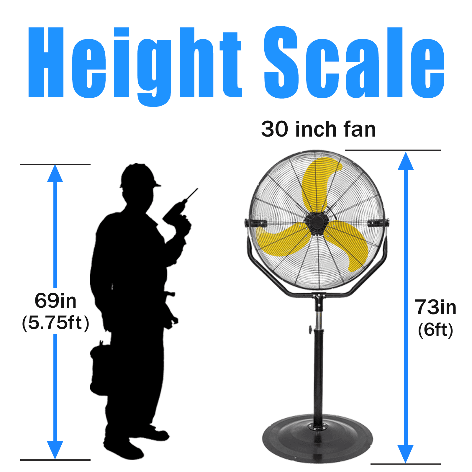 7500 CFM Industrial 30" Pedestal Fan, Powerful Heavy Duty, Commercial Fan for Warehouses, Factories, and Large Spaces, Adjustable Height, 180° Tilt Adjustment, High Velocity Air Circulation