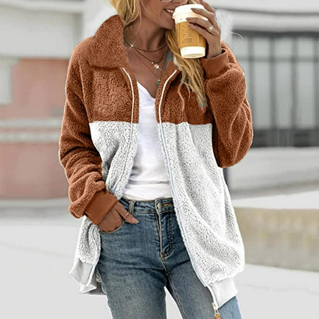 Liquidation à Moins de 7! Mode Femme Sevevn Manches Longues Col Rabattu Patchwork Fermeture Éclair Poches Blouse Manteau Décontracté Cadeau de Vacances Localisateur Café TG