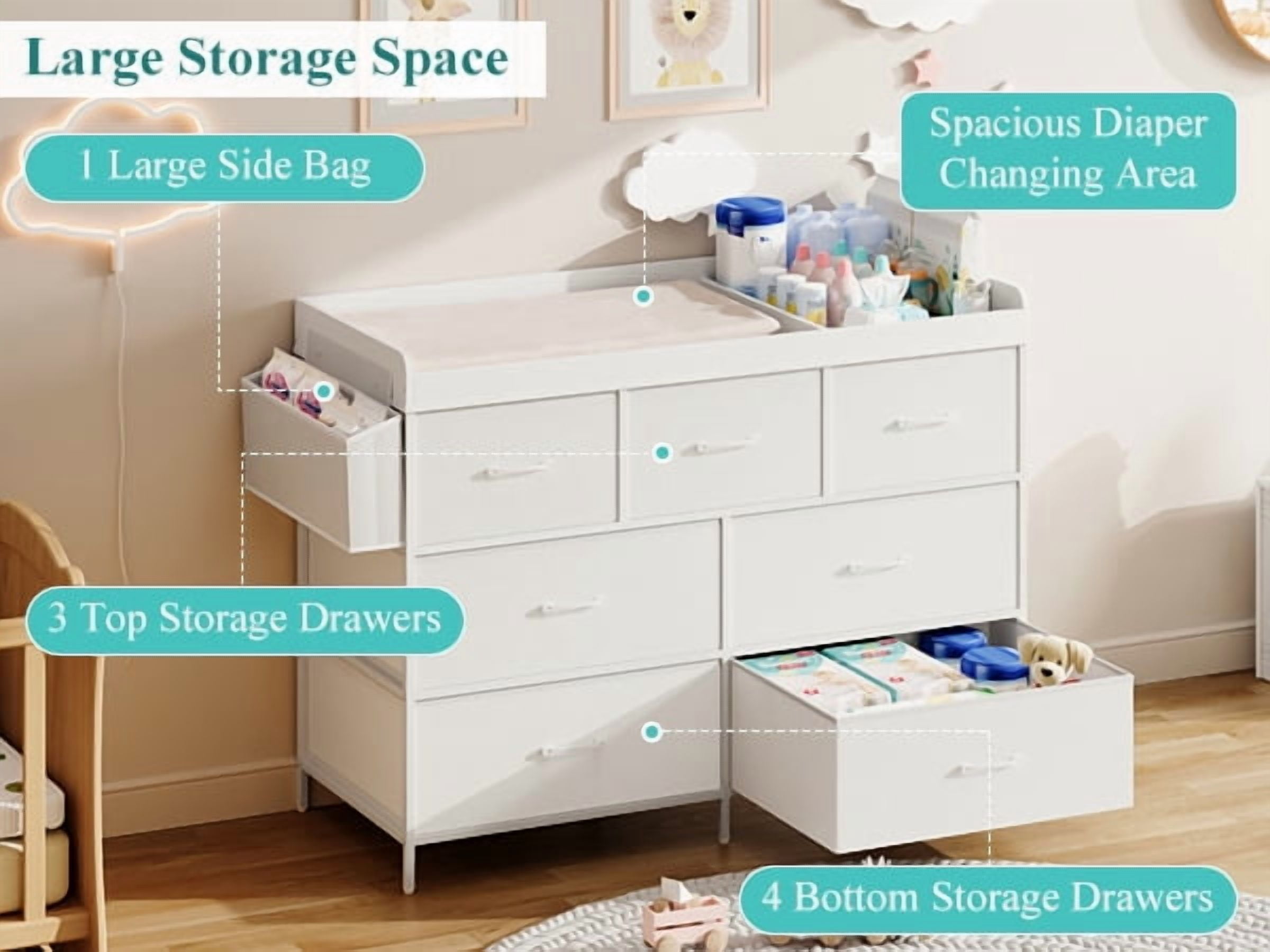 ANPOO Changing Table Dresser with Storage, Baby Dresser with Changing Table Top, Waterproof Diaper Changing Station with 7 Fabric Drawers for Nursery Modern, White