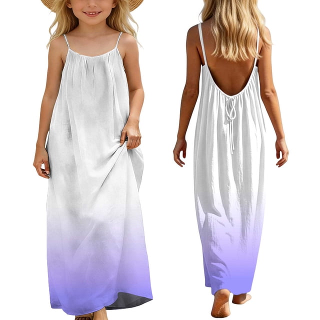 Vestido sin mangas de cuello redondo para niñas, moda para niñas, lindo vestido largo con tirantes sueltos y cordón en la espalda con degradado de color