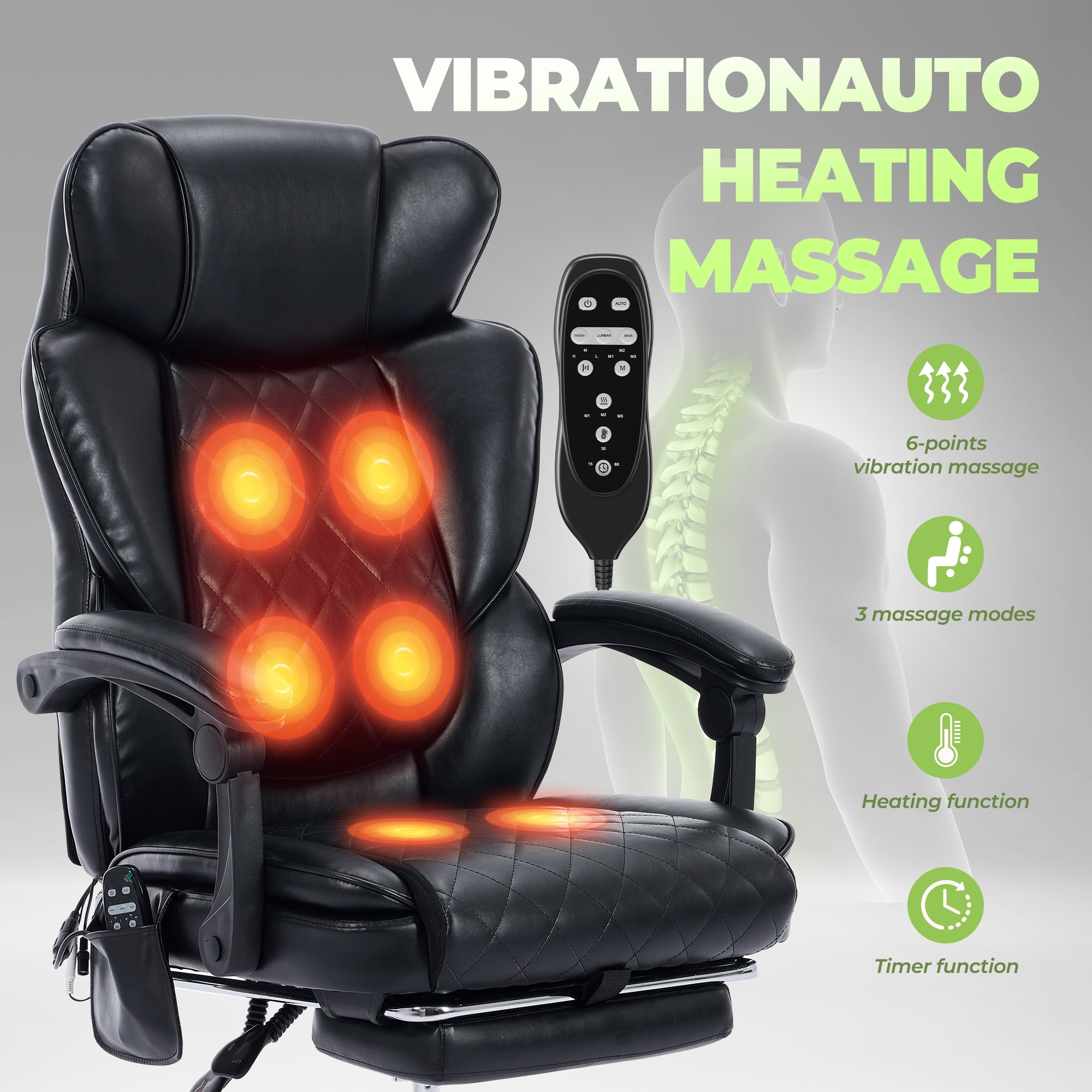 EOP Massage Office Chair with Heat and 6 Vibration Points, 500LBS Big and Tall Executive Office Chair with Adjustable Headrest, Ergonomic Computer Desk Chair with Footrest, Black