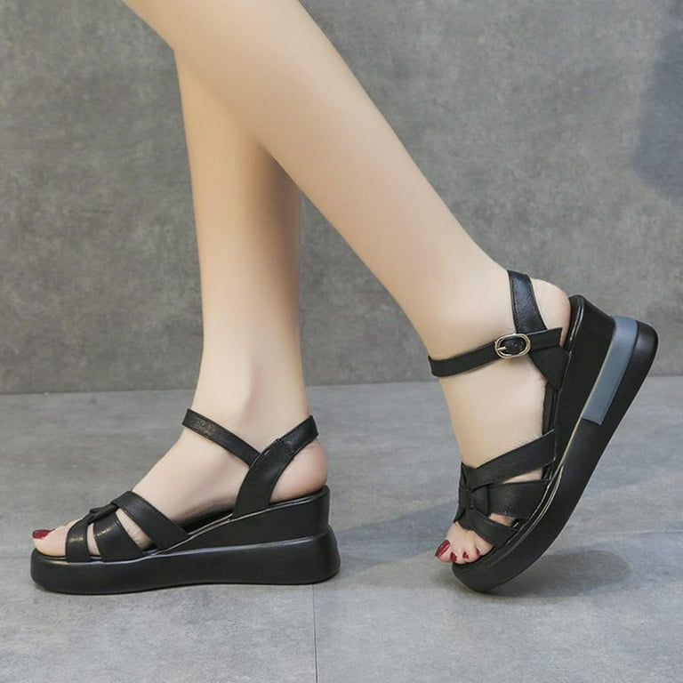 Homedles Sandals for Women Dressy Summer- Summer Ladies Shoes Casual Sandals Flat Buckle Wedge Heels Sandals Black, Women's, Size: 41