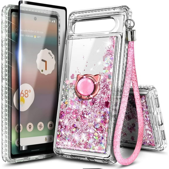 Nagebee Phone Case Compatible for Google Pixel 7a (2023) with Tempered Glass Screen Protector, Sparkle Glitter Flowing Liquid Waterfall [Ring Holder & Wrist Strap] Girls Women Cute (Rose Gold)
