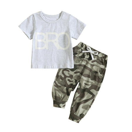 

Qtinghua Toddler Baby Boys Summer Clothes Letter Print Short Sleeve T-Shirt Tops+Camouflage Pants 2Pcs Outfits Gray 2-3 Years