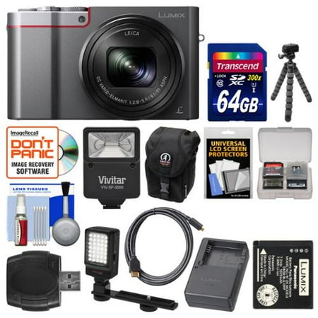 Panasonic Lumix DMC-ZS100 4K Wi-Fi Digital Camera (Silver) with 64GB Card + Battery + Charger + Case + Flash + LED Light + Bracket + Flex Tripod Kit