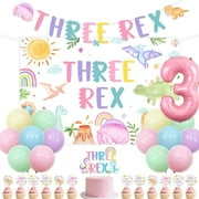 Dinosaur 3rd Birthday Party Decorations, Three Rex Backdrop Banner Garland Cake Topper Cupcake Picks Balloons, Pink Pastel Dinosaur Theme Birthday Party Supplies for 3 Year Old Girls