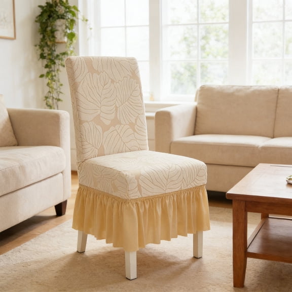Jacquard Dining Chair Covers Set of 1, Thickened Elastic Stretch Slipcovers, Skirt-Style Decorative Chair Protector with Pleated Design, Elegant Fit for Hotel, Wedding & Home Decor, Beige