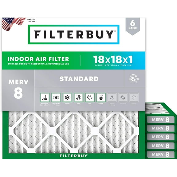 Filterbuy 18x18x1 MERV 8 Dust Defense, Pleated HVAC AC Furnace Air Filters (6-Pack)