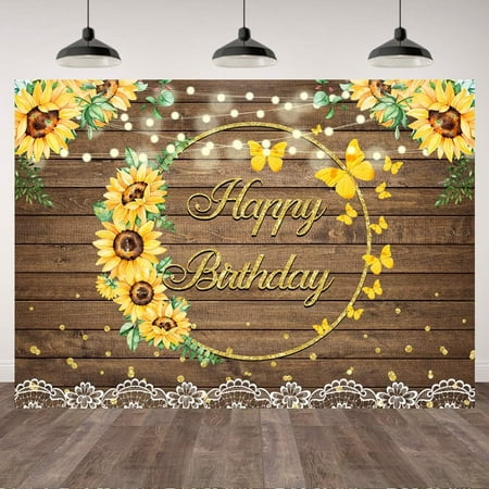 Image of 7×5ft Girls Sunflower Happy Birthday Backdrop Brown Wood Butterfly Sunflower Photography Background Gold Dots Lights