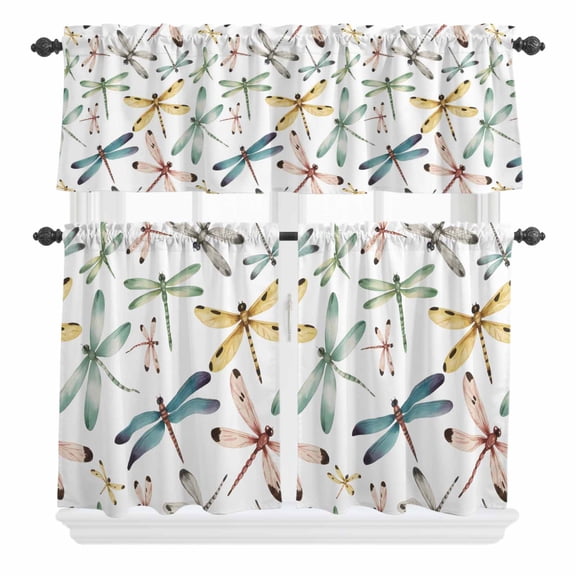3 Piece Kitchen Curtains and Valances Set Dragonfly Cafe Curtains 36 Inch Length Watercolor Colorful Nature Painting Art Valance & Tier Curtain for Living Room Bedroom Small Window 54"x18" 27"x36"*2
