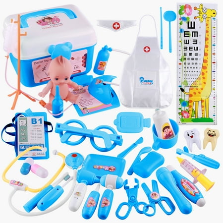 37Pcs Children Pretend & Play Emulational Doctor Playset Role Play Medical Kit for Kids - Blue