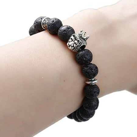- Sexy Sparkle Natural Stone Lava Beaded Healing Bracelet Black Lion Head Elastic Bracelet 23cm(9
