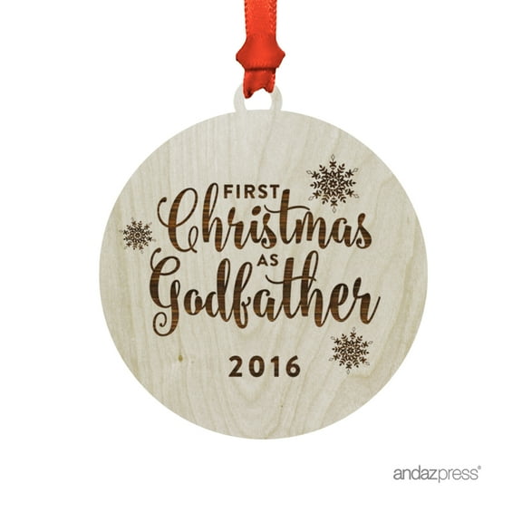 Laser Engraved Wood Christmas Ornament with Gift Bag, First Christmas as Godfather 2017