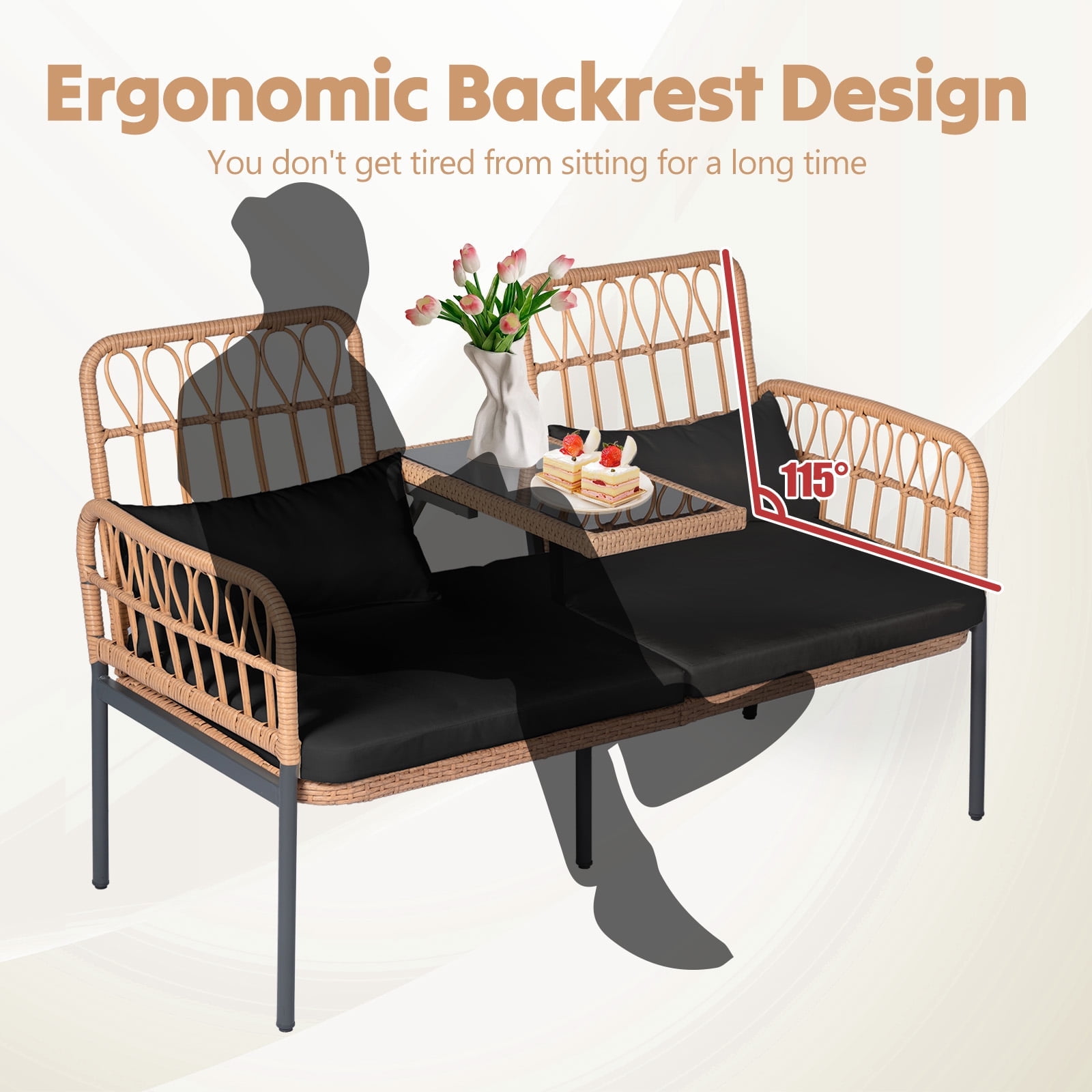 Tappio Outdoor Rattan Loveseat, Patio Rattan Conversation Set Seat Sofa Cushioned Loveseat Table Chairs with Built-in Coffee Table, Black