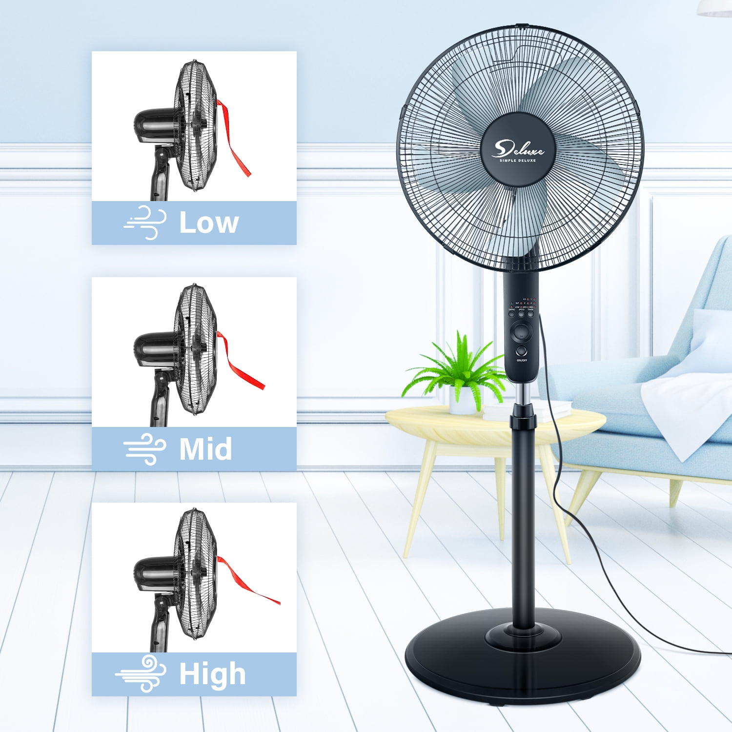 Private Jungle Simple Deluxe Oscillating 16″Adjustable 3 Speed Pedestal Stand Fan with Remote Control for Indoor,Bedroom,Living Room,Home Office,16 Inch(Black)