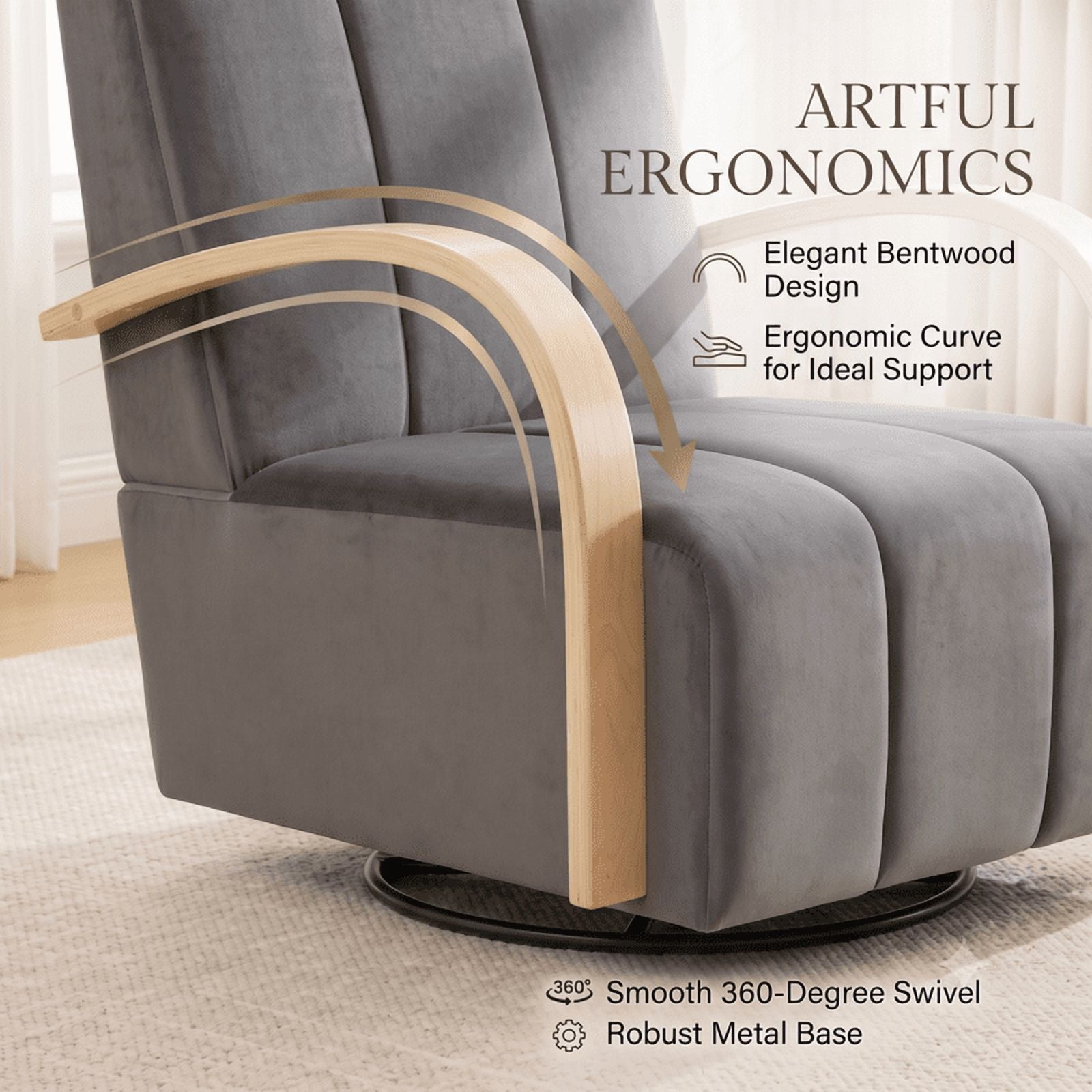 Gewnee Accent Chair, 360°Swivel Upholstered Reading Chair,Modern Armchair for Living Room, Bedroom & Home Office, Gray(Velvet)