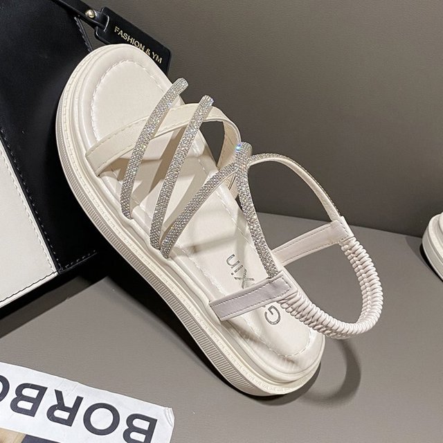 Sandalias de diamantes de imitación 2023, zapatos de tacón transparente de verano para mujer, correa de media pantorrilla para niñas, color Beige medio, nueva comodidad, gladiador, playa, moda 36 Gao Jinjia LED