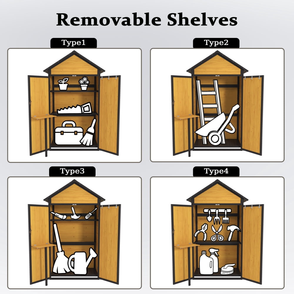 Outdoor Weatherproof Storage Cabinet: Durable Wood Garden Tool Shed with a Waterproof Roof, Lockable Doors, Removable Shelves, Foldable Table, and Hooks (69 Inches). Ideal for Yard and Patio Use