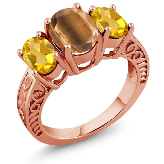 Gem Stone King 3.00 Ct Oval Brown Tiger Eye Yellow Citrine 18K Rose Gold Plated Silver Ring (Size 9)