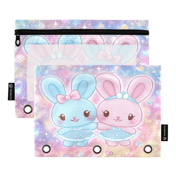 2 Pack 3 Ring Binder Pouch with Clear PVC Window Water Resistant Zipper Pencil Pouch Dreamy Celestial Rabbit Pair Binder Pocket for Classroom Office Home Stationery Organization