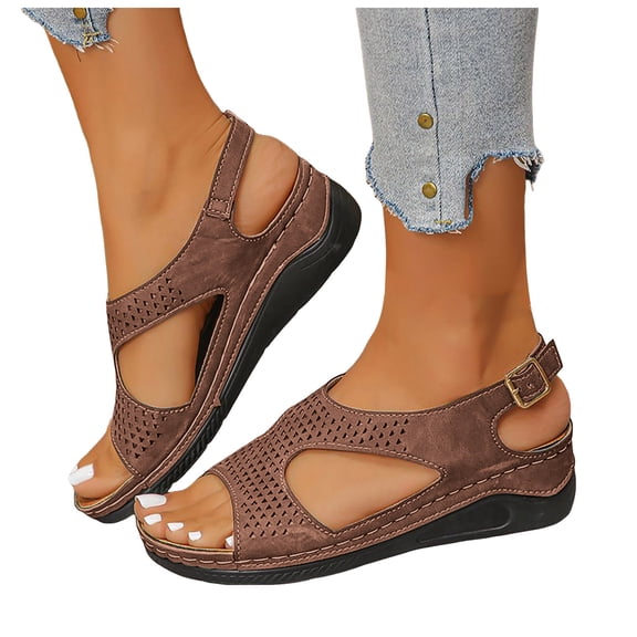 Rokment Women's Orthopedic Wedges Gladiator Sandals 2026 Beach Summer Comfortable Casual Leather Orthotic Arch Support Platform Mid Heel Walking Dress Sandal Brown Size 6