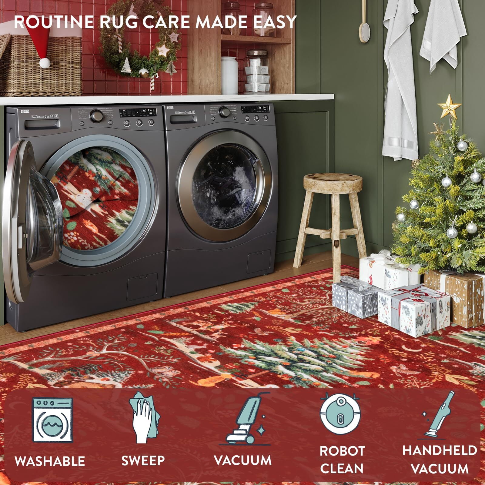 Wonnitar Christmas 8x10 Area Rug, Washable Soft Large Rug for Living Room, Non Slip Low Pile Bedroom Rug Xmas Tree Indoor Floor Carpet for Dining Room Winter Holiday Decor, Red