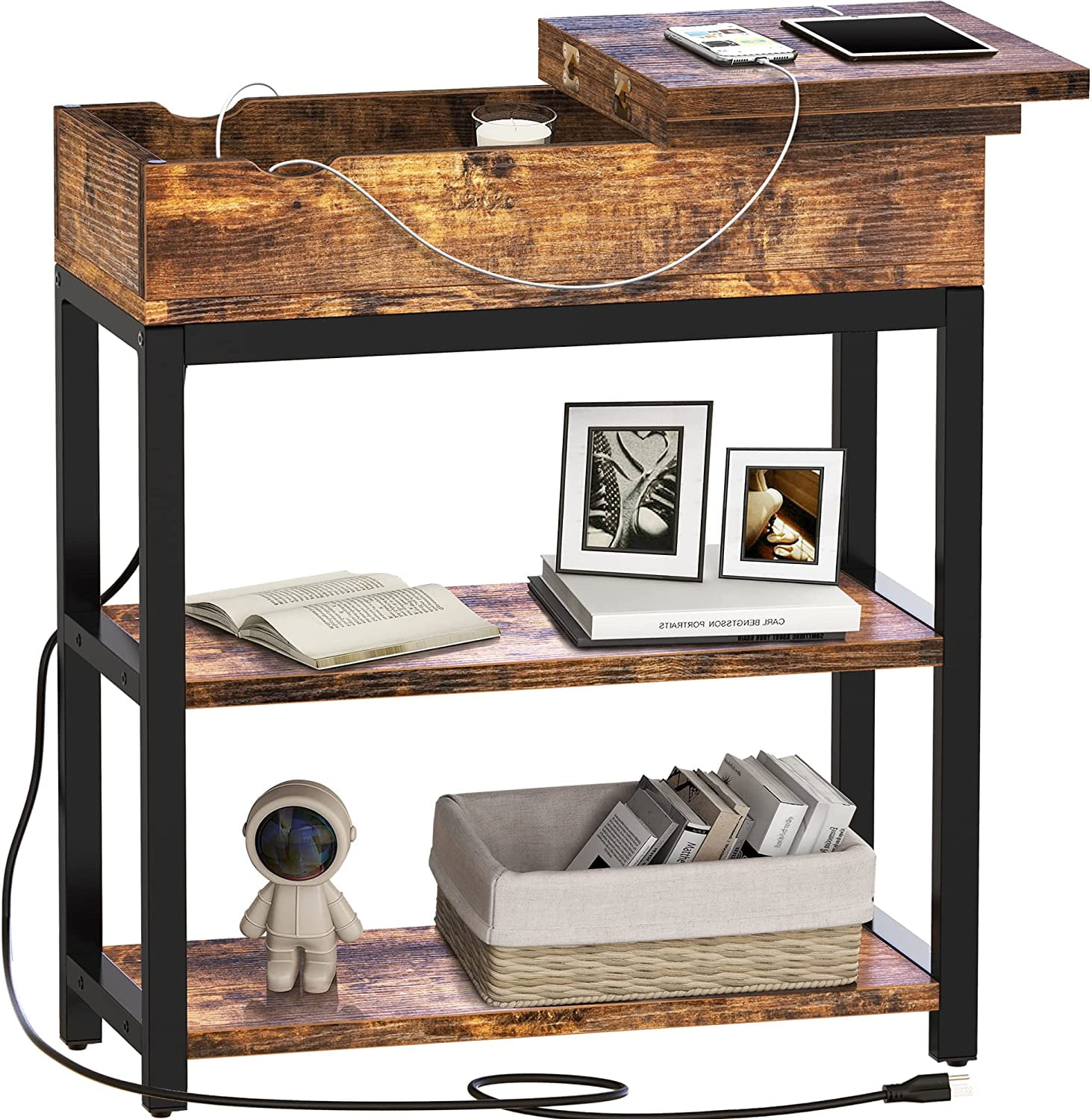 End Table with Charging Station Nightstands with Storage Shelves Flip