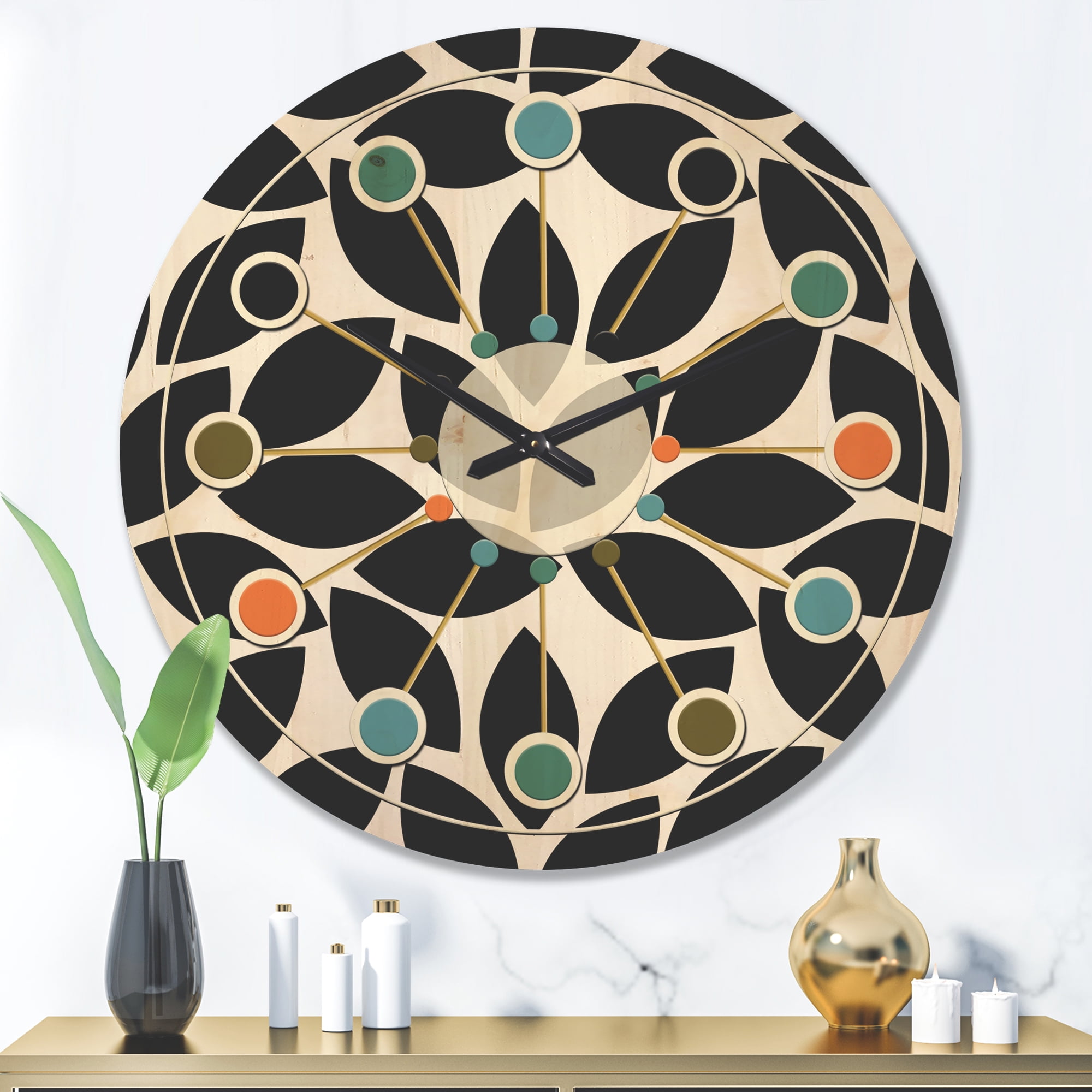 Designart 'Black and White Geometric Pattern XII' Mid-Century Modern Wood Wall Clock