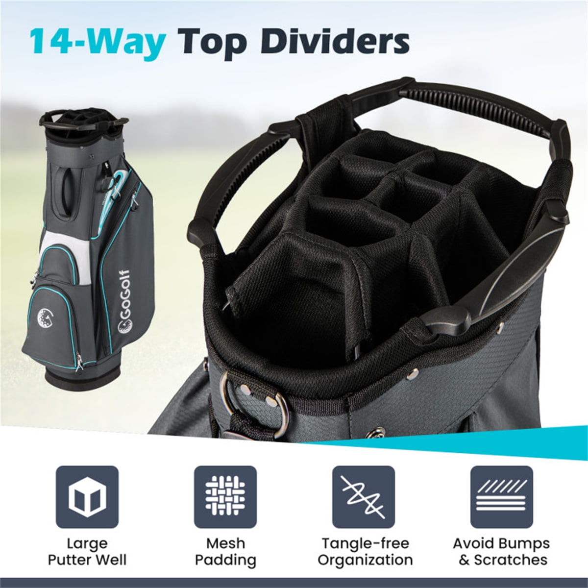 14 Way Golf Cart Bag 6 Zippered Pockets With Cooler Waterproof Zippers Gray Blue 4.7Lbs 33.5In Height 14 Divider Top Putter Well Rain Hood Umbrella Holder Polyester Lightweight Cart Bag Pro