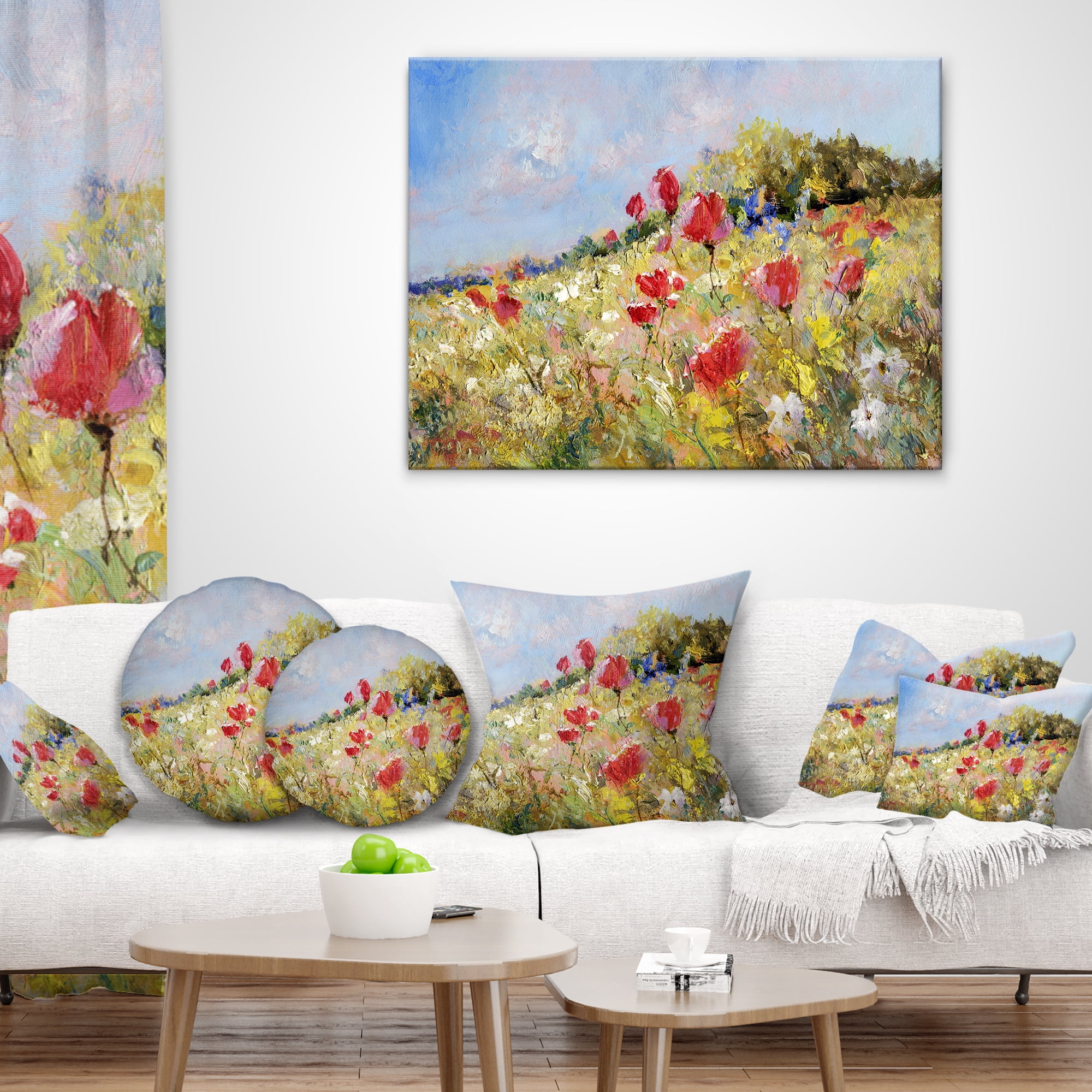 Designart Painted Poppies on Summer Meadow - Landscape Printed Throw Pillow - 16x16