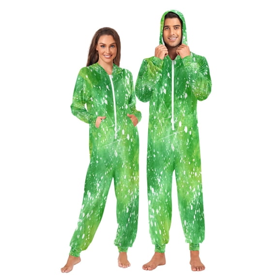 1 Piece Adult Onesie Pajamas Cozy & Loose-Fit Sleepsuit Loungewear with Pockets Green Ink Splatter Pattern X-Small