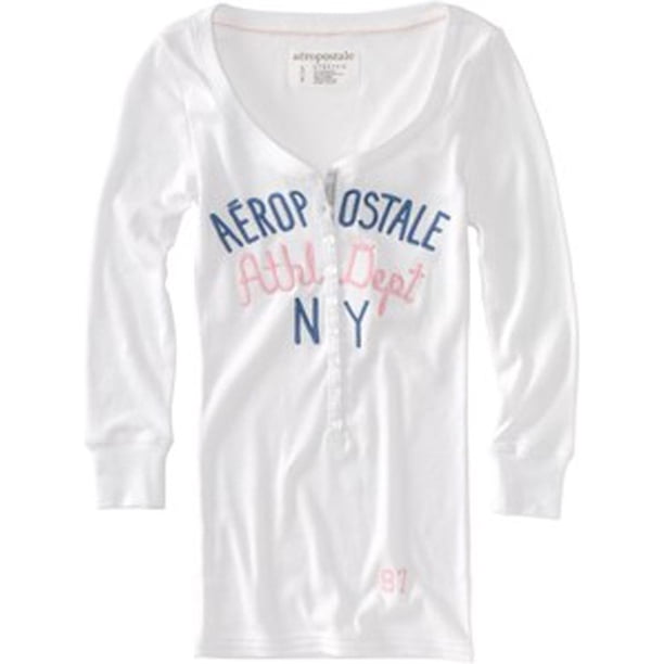 Aeropostale Womens Ribbed Athletic Dept Ny Henley Shirt, Blanco, Small