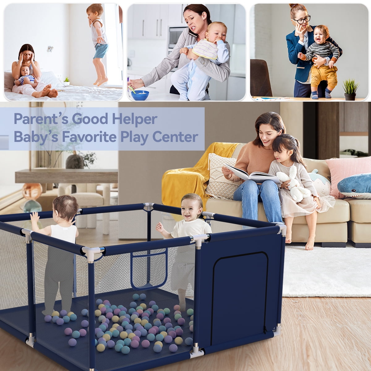 Baby Playpen, Outdoor Play Yard, Portable Play Yard 4-Panel- Baby Safety Playpen for Infant Toddler Boys,Navy