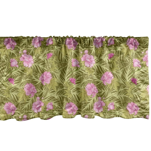 Ambesonne Asian Leaves Window Valance, Pink Flowers in Japanese Art Style Oriental Drawing Elements Flora, Curtain Valance for Kitchen Bedroom Decor with Rod Pocket, 54" X 18", Fawn Khaki and Pink