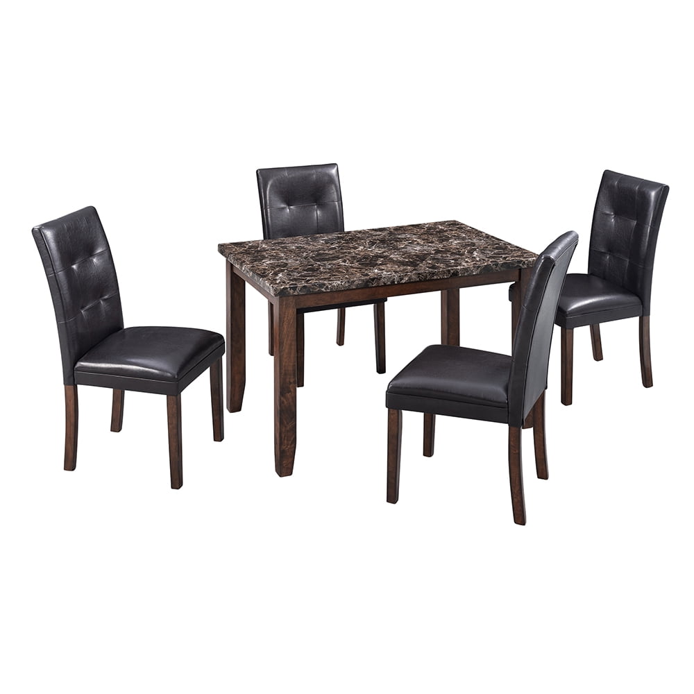 Kepooman 5-Piece Faux Marble Dining Table Set with 4 Thicken Cushion Chairs for Kitchen, Brown & Black Kepooman 5-Piece Faux Marble Dining Table Set with 4 Thicken Cushion Chairs for Kitchen, Brown & Black