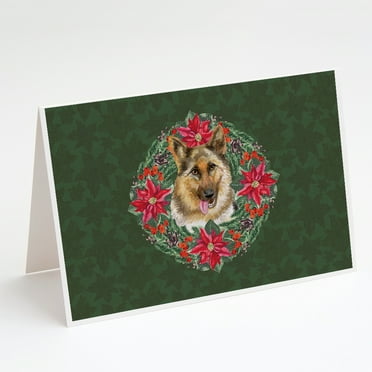 Caroline's Treasures German Shepherd Poinsetta Wreath Christmas Greeting Cards with Envelopes, 5" x 7" (8 Count)
