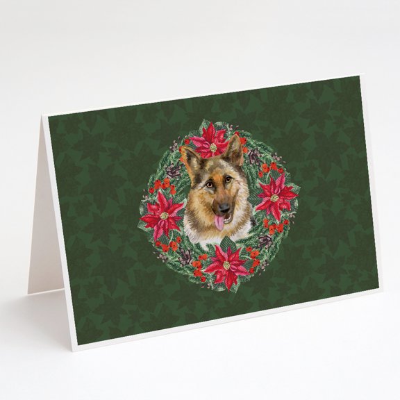 German Shepherd Poinsetta Wreath Greeting Cards and Envelopes Pack of 8