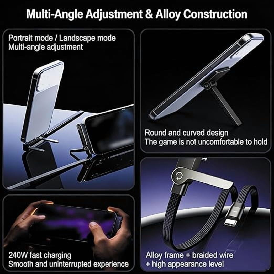Sideways Phone Charger, 2-in-1 Invisible Holder Charger Cable – Fast Charging Cord with Built-in Phone Stand, 240w Braided Fast Charge Cable, for Smartphones Tablets(65W A-C 2pc)