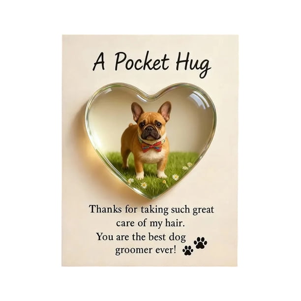 Abrazo de bolsillo para peluqueros caninos con tarjeta de felicitación de acrílico en forma de corazón. Abrazo de bolsillo para peluqueros de mascotas. Regalos de recuerdo de agradecimiento.