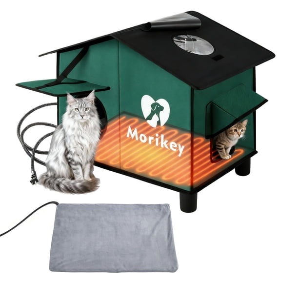Outdoor Heated Cat House in Winter,Insulated Weatherproof Outdoor Cat Shelter with Heated Pad, Elevated Base & Safe Escape Door,Warm Kitty House for Feral or Stray Cats, 14.1"x16.5"x24.4"