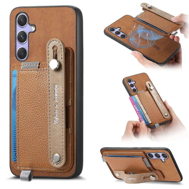 For Samsung Galaxy A35 5G Magnetic Leather Back Case with Detachable Card Holder and Wristband - Gre