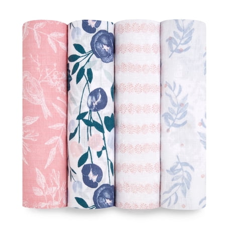 aden + anais Essentials, Cotton Muslin Swaddle Blanket, Flowers Bloom, Girls, Infants, 4-Pack